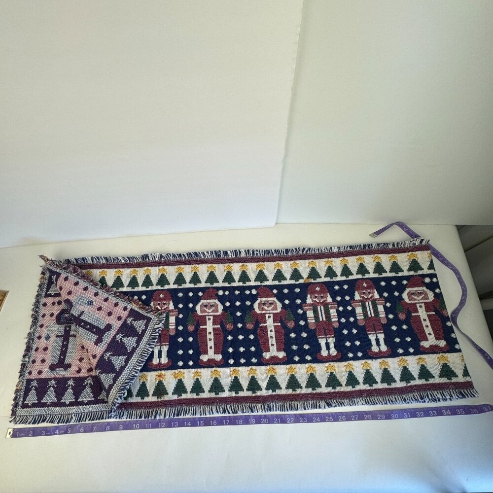 Vtg‎ Woven Christmas Holiday Table Runner Fringe Nutcracker Santa Soldier Rustic